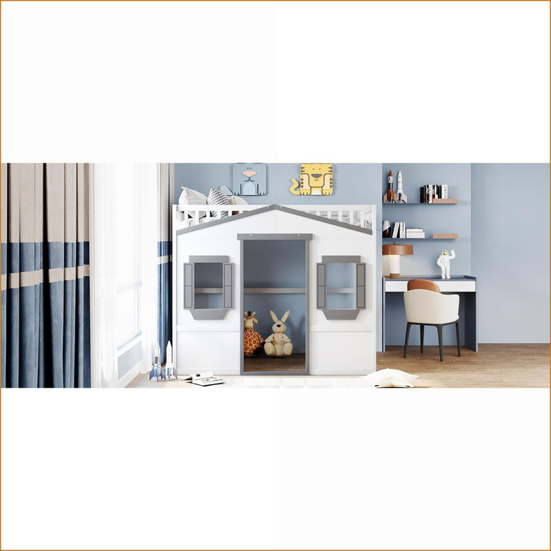 Full Size Pinewood Loft Bed Frame with Ladder - White &amp; Gray, No Box Spring Needed for Bedroom, White/Gray, Full