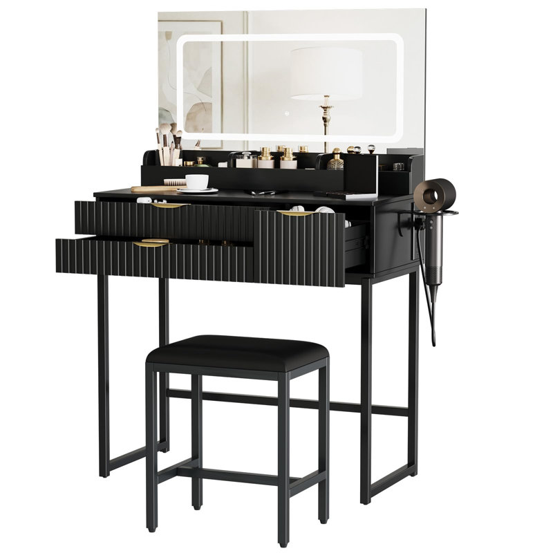 Table de coiffeuse éclairée avec plateau en verre miroir et support pour sèche-cheveux, Noir