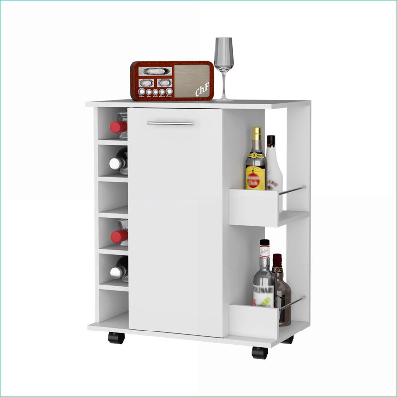 Chariot-bar avec roulettes, support à vin à 6 fentes et amp; Tablettes de rangement | Blanc neige | Bois d'ingénierie