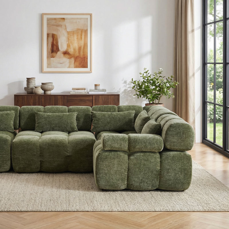 Canapé d'angle modulaire 4 places réversible en chenille, 113,8 po (289 cm), sans ossature apparente, revêtement en chenille, aucun assemblage requis