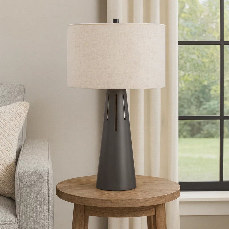 Lampe de table Tiy 30 pouces, abat-jour tambour blanc rigide, base en fer gris cône