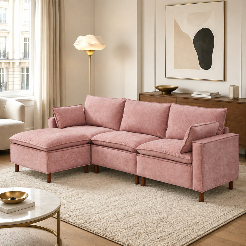 Titre du produit:
Canapé modulaire en L à 3 places en chenille 108,5 po Avelquessa avec repose-pieds mobile, sièges à ressorts ensachés et housses de coussin de dossier amovibles