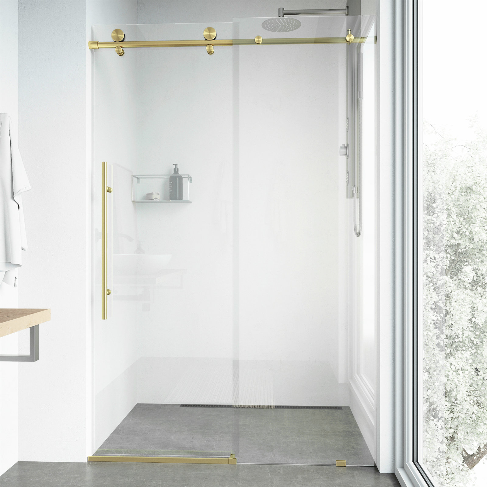 Elan E-Class 64" Frameless Sliding Shower Door, Matte Brushed Gold