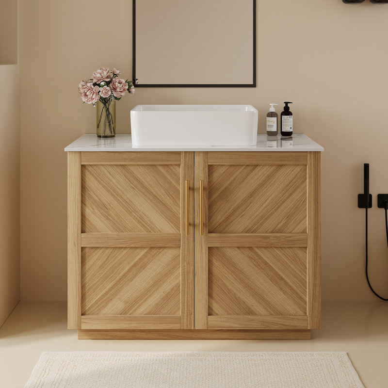 Base de meuble-lavabo 36 po en bois naturel rétro avec comptoir en pierre, lavabo en céramique, drain inclus et tablette réglable