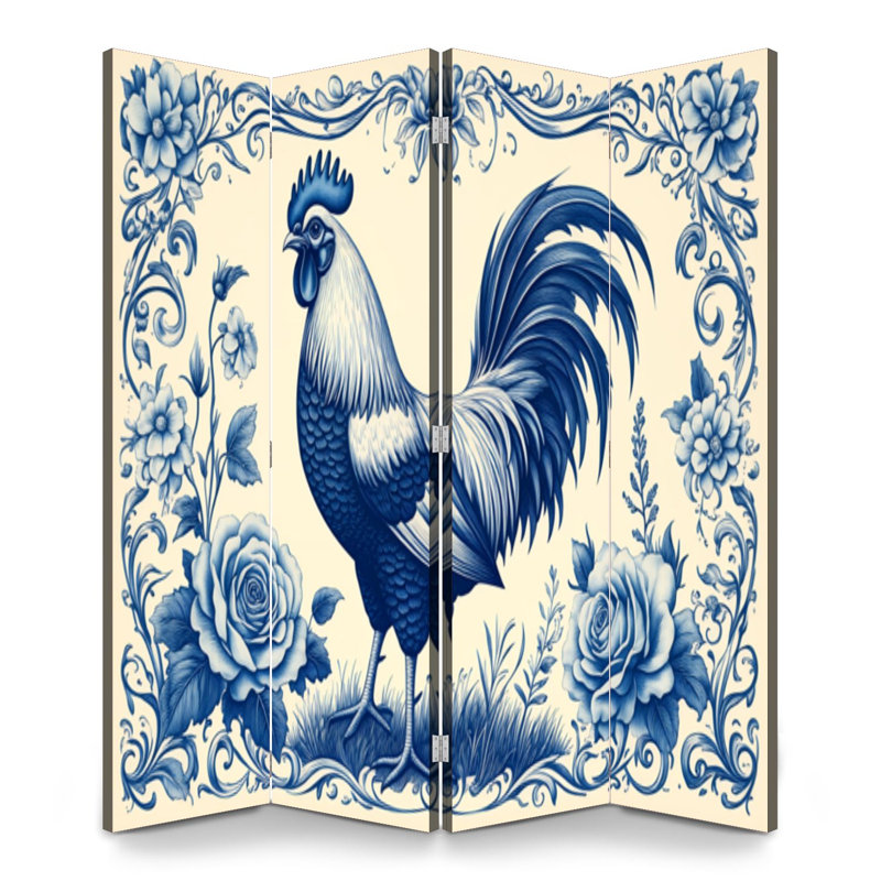 Paravent rustique à 4 panneaux séparateur de cloison pliable bleu royal de style classique, H 71 po x l 64 po x P 1 po, 4