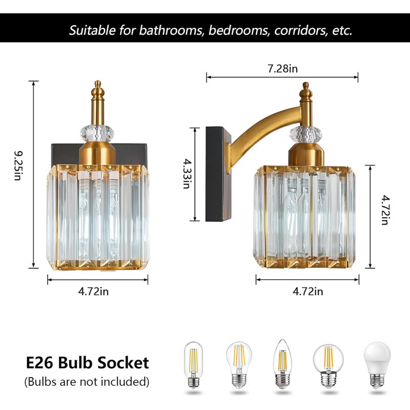 Modern Crystal Wall Sconces Set Of Two With Black And Gold Finish, Indoor Wall Mounted Lighting For Bathroom Vanity And Room Decor