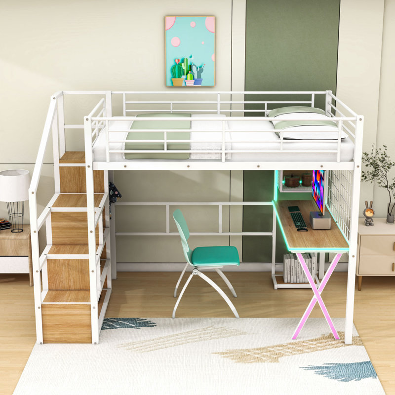 Metal Loft Bed with Integrated LED Light and Desk,Shelves, Full