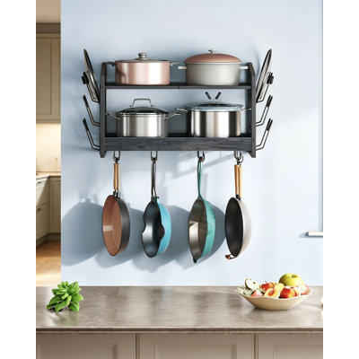 2 Tier Wall Mounted Pot Rack with 12 Hooks, Charcoal Black Kitchen Cookware Holder