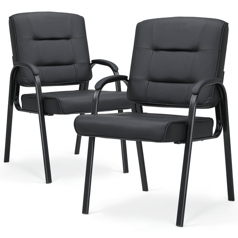 Set Of 2 Faux Leather Guest Reception Chairs With Fixed Armrests For Office Waiting Room