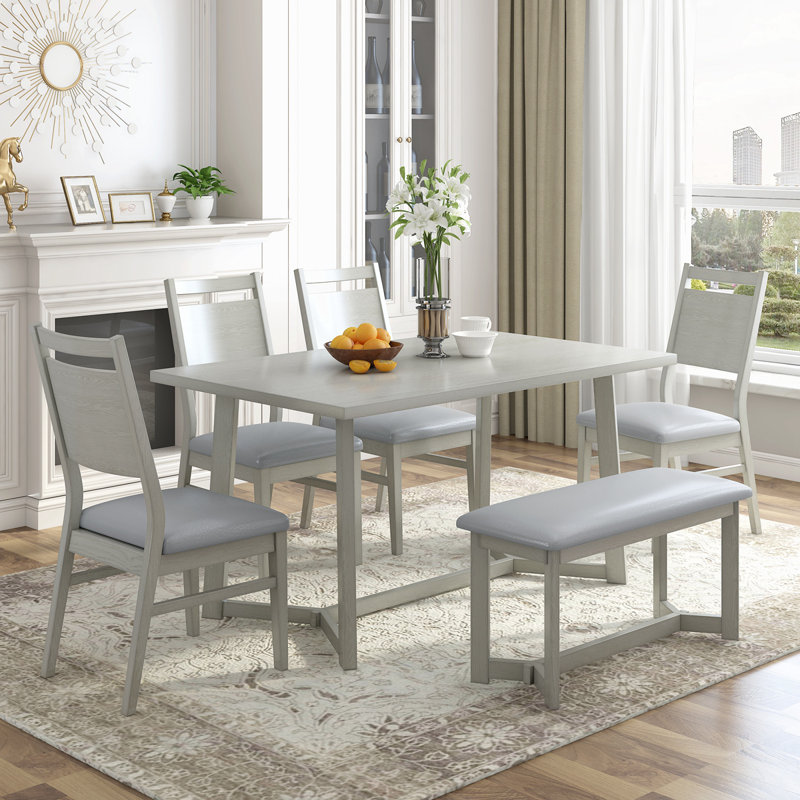Solid Wood Solid Wood Top Trestle Dining Set, Gray, White, White