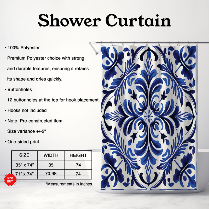 Rideau de douche standard portugais Heritage - 1 pièce, H 74 po x l 71 po