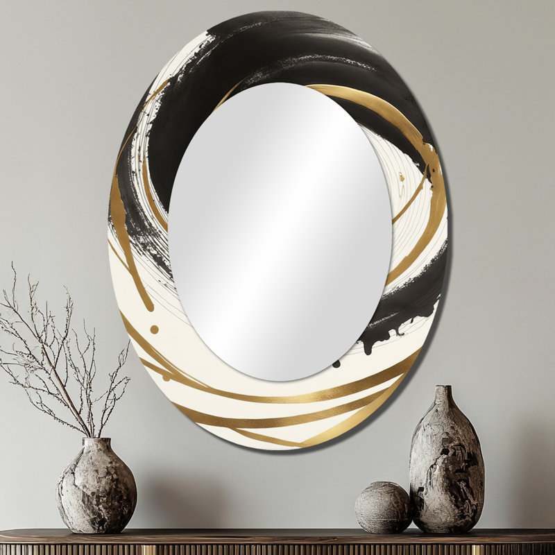 Black And Gold Curves III - Black Modern Oval Wall Mirror, 40" x 30"