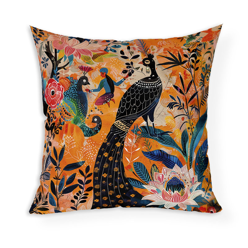 Coussin décoratif intérieur / extérieur Jungle Tapisserie, H 18 po x l 18 po, Noir / Orange