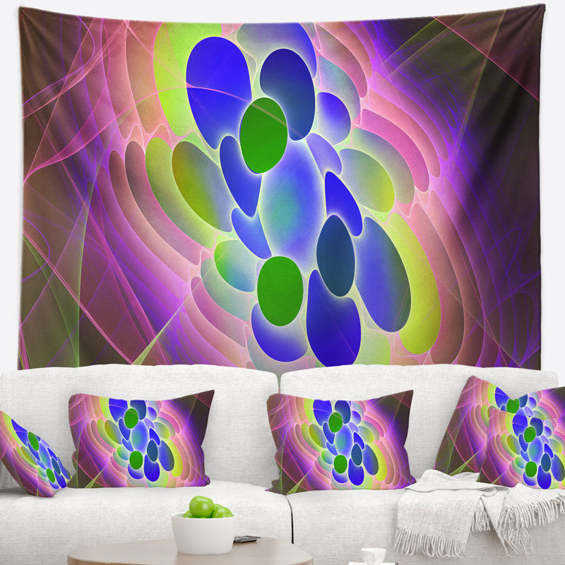 Tapisserie abstraite avec motif fractal bleu vert, H 50 po x l 60 po