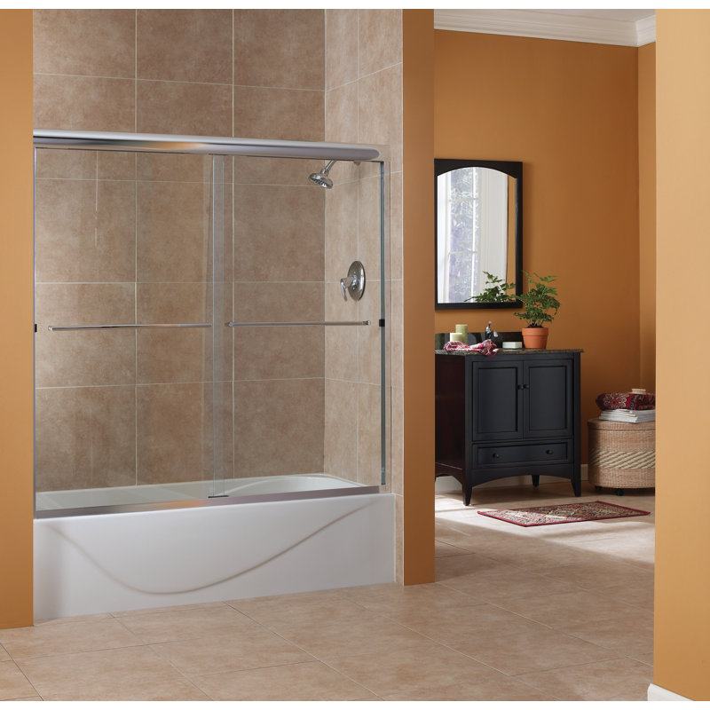 Cove 55 in. H Bypass Frameless Tub Door with Header and Clear Glass, Silver