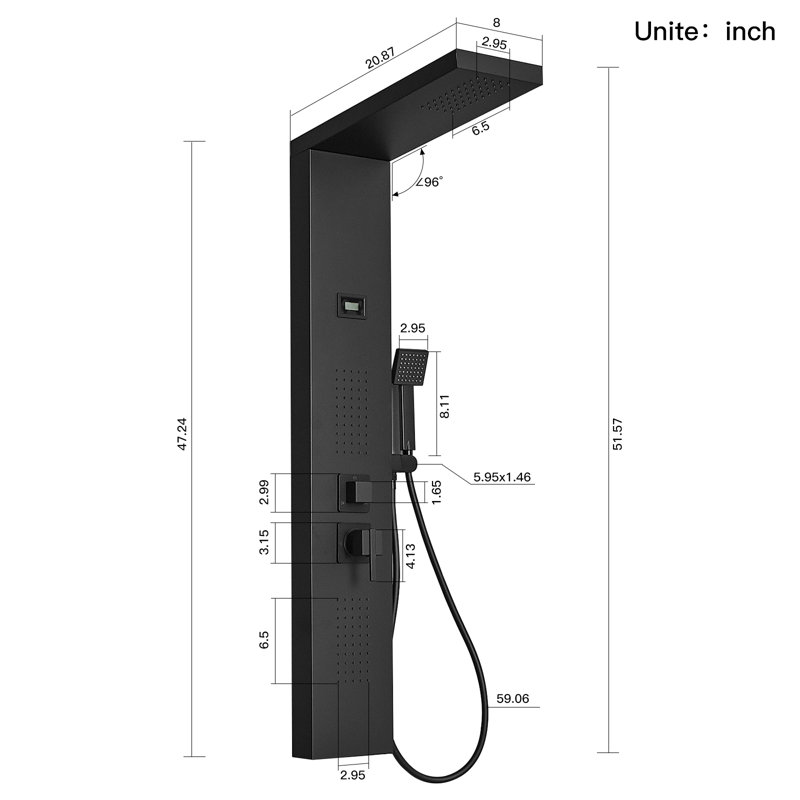 Panneau de douche 51,57 "avec pomme de douche réglable, Noir mat