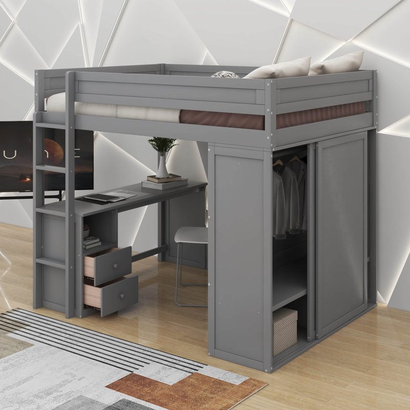 Lit mezzanine double avec placards et bureau, Gris, Lit double