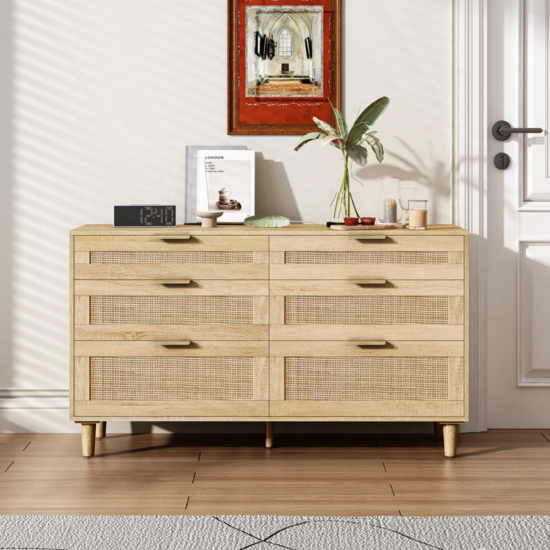 Commode 6 tiroirs en rotin, Naturel / Or