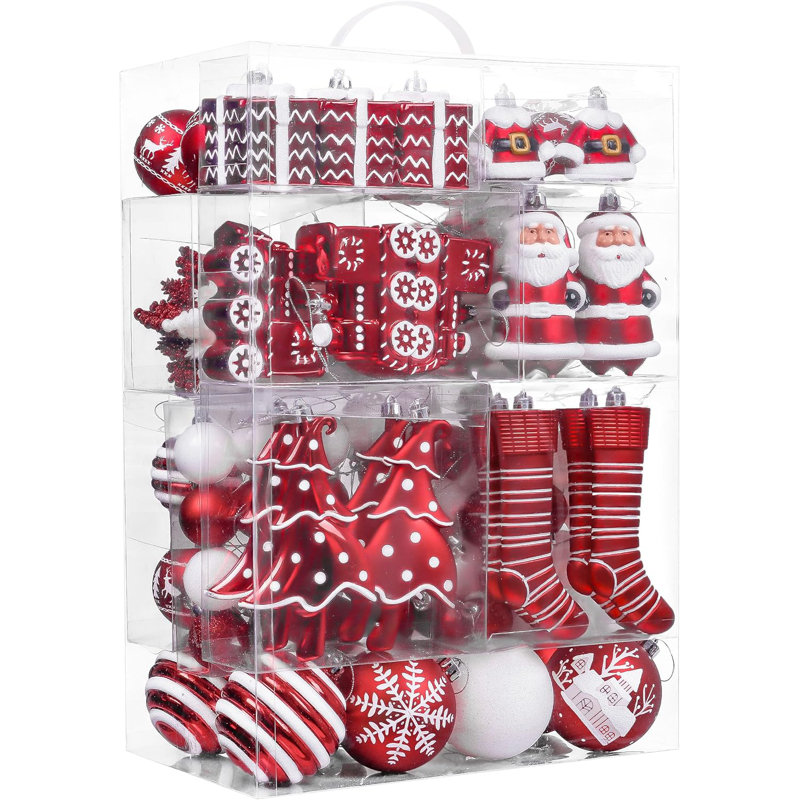  Ensemble de décorations de Noël de 155 carats de Noël, variété de décorations d'arbre de Noël incassables rouges et blanches en vrac, décorations suspendues traditionnelles pour arbres de Noël, décoration de fête