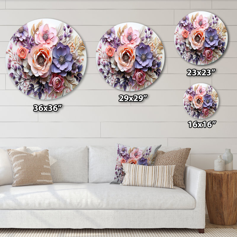 Fleurs délicates, art floral rond en métal, H 29 po x l 29 po x P 1 po