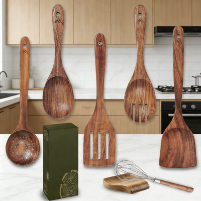 7-Piece Teak Wooden Kitchen Utensil Set With Holder - Handcrafted Cooking Utensils Including Spatula, Turner, Ladle, Spoon, Fork, Skimmer & Whisk - Heat Resistant & Scratch-Free For Non-Stick Cookware