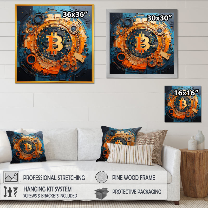 «Orange Vibrant Bitcoin Crypto», art mural abstrait, Cadre simple noir, H 30 po x l 30 po x P 1,5 po