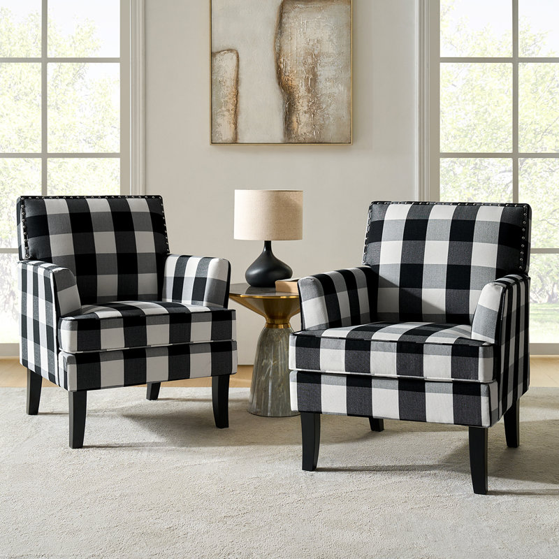 Fauteuil rembourré de 27,15 po de largeur avec garniture cloutée Iliana, Mélange de polyester carreaux noirs