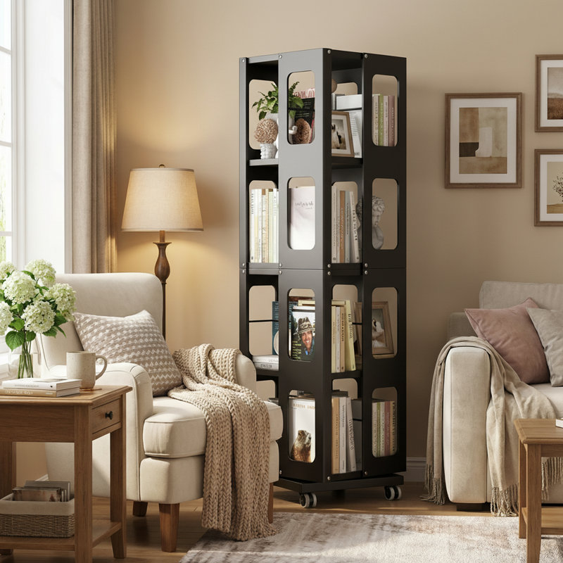 Modern 4-Tier All-Steel Rotating Bookshelf with 360-Degree Storage and Lockable Silent Wheels, Black