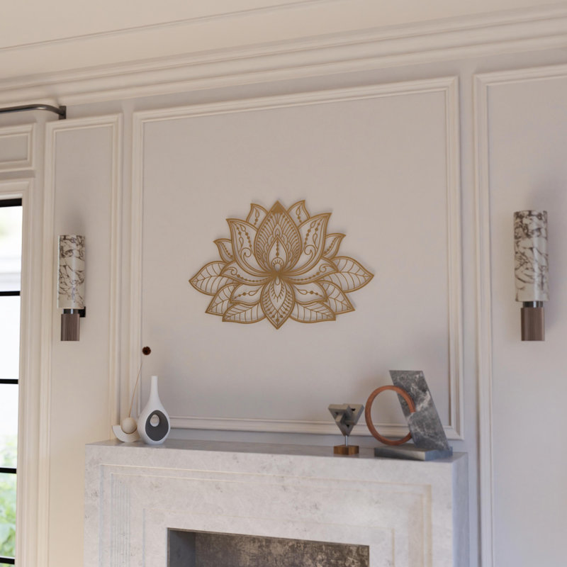 Mandala de lotus 3D en métal - fleur de lotus spirituelle, décoration murale multisize, H 11 po x l 17 po, Doré
