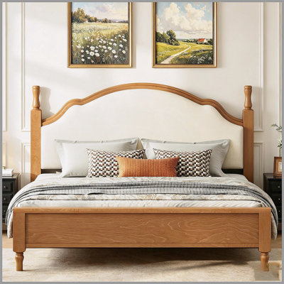 Grand lit plateforme en bois avec tête de lit tapissier, structure brune et tissu beige