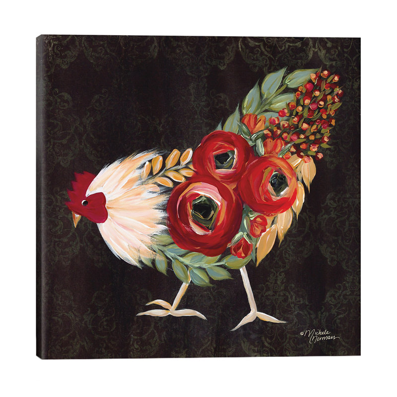 Botanical Rooster - Wrapped Canvas Painting, 66.04 cm H x 66.04 cm W x 3.175 cm D
