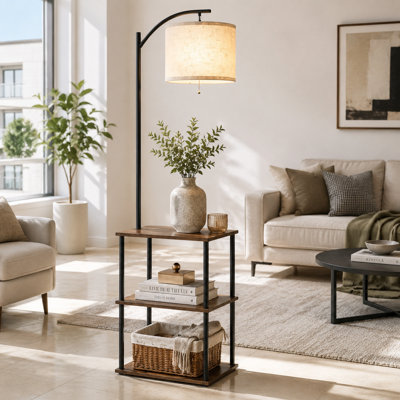 Floor Lamp with Side Table and Storage Shelves, Adjustable Linen Shade, Pull Chain and Included 3-CCT 9W LED Bulb for Living Room, Bedroom or Office