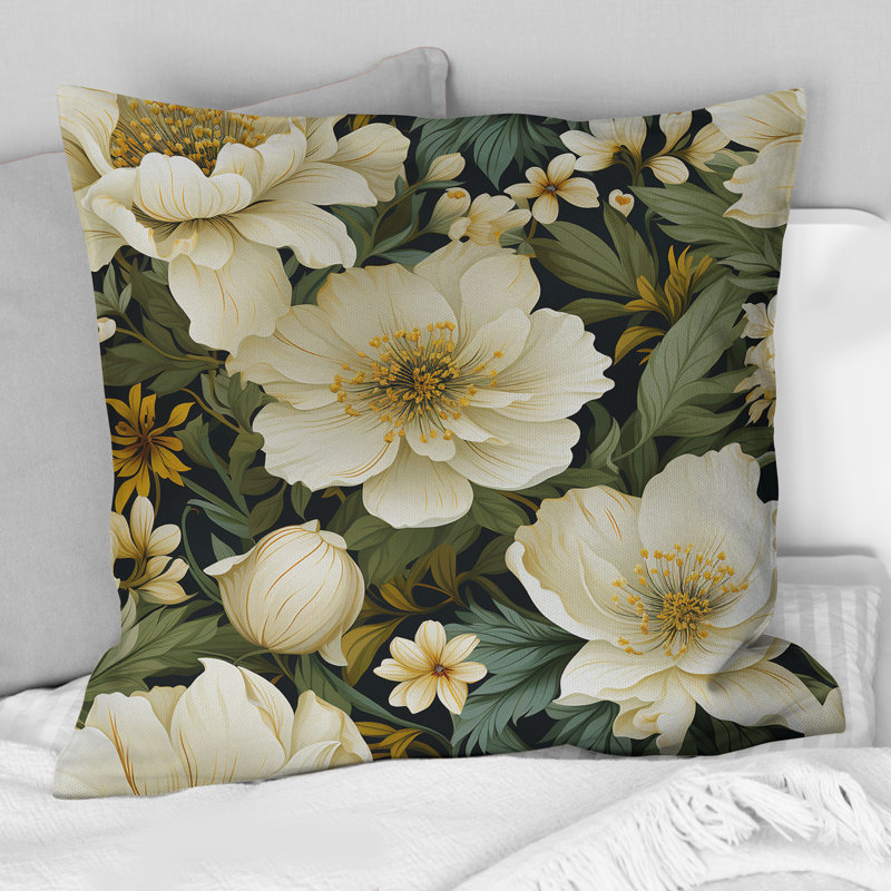 Coussin décoratif à motif floral blanc et vert II, H 16 po x l 16 po