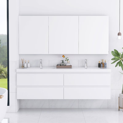 Meuble-lavabo mural moderne 72 po avec double évier intégré à surface solide et 4 tiroirs