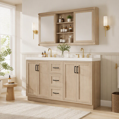 [Viedo]59" Double Sink Bathroom Vanity with SMC Sink, 4 Doors & 3 Drawers, Modern Wood Grain MDF Vanity Cabinet with Adjustable Shelves, Soft-Close Doors & Hidden Slides
