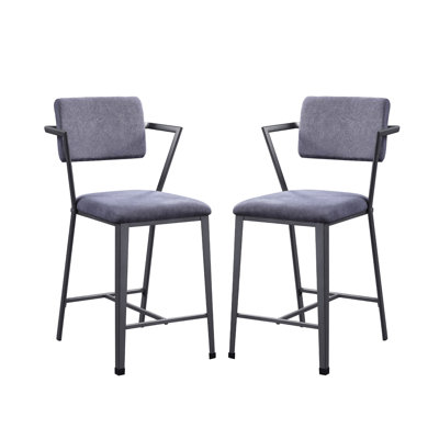 De 2 chaises à hauteur de comptoir avec structure en métal gris acier, assise rembourrée en tissu gris, dossier ouvert - profondeur et hauteur d'assise de 18 pouces, idéale pour les réunions de famille