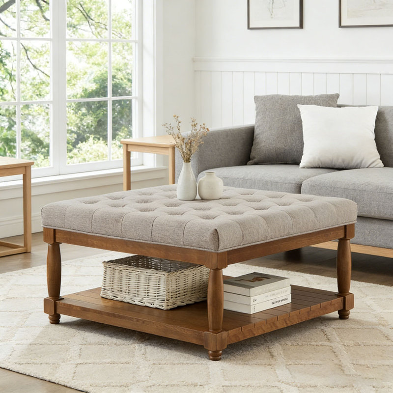 Upholstered Tufted Linen Ottoman Coffee Table, Linen, Square