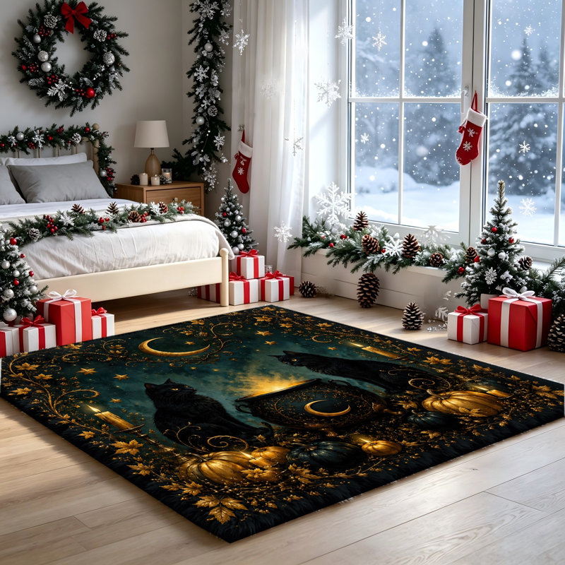 Tapis antidérapant Mystical Black Cat Celestial Moon, Rectangle 9 pi 10 po x 6 pi 7 po (300 x 200 cm)