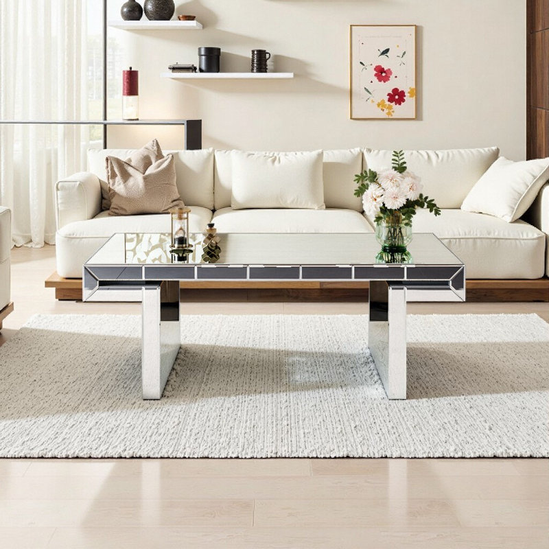 47" Luxury Modern Mirror Coffee Table with Fluted Tempered Glass, H-Base Sofa Table, Easy Assembly & Reinforced Packaging
