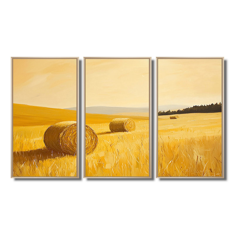 «Yellow Farm Landscape Haystack Hills», ensemble d'art mural de ferme, Toile naturelle avec cadre flottant