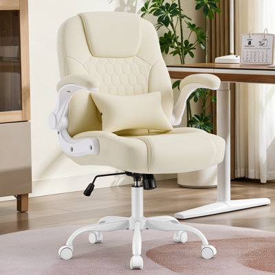 Fauteuil de bureau en cuir de direction, fauteuil de travail avec accoudoirs relevables, fauteuil de bureau en polyuréthane avec support lombaire, fauteuil d'ordinateur pour la maison, beige