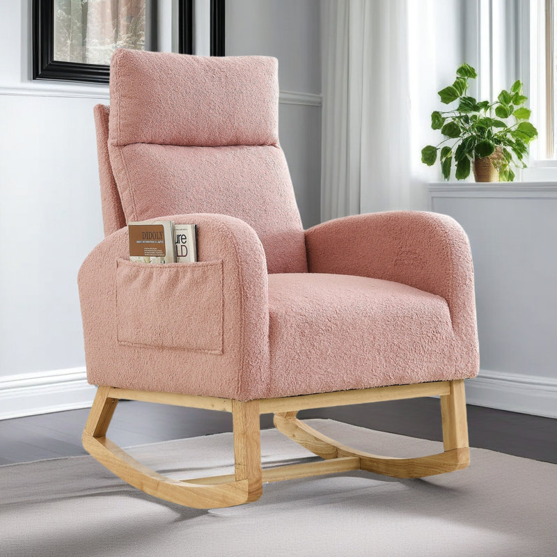 Fauteuil à bascule moderne avec accoudoirs de salon à dossier haut l 27,6 po et deux poches latérales, Rose