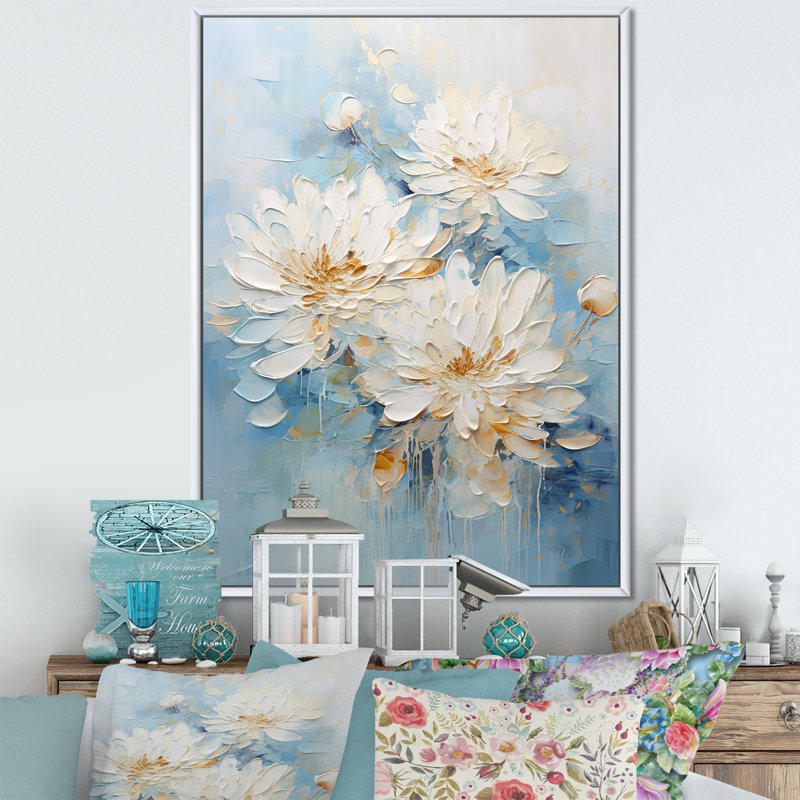 Chrysanthèmes blancs et bleus I - impression, H 32 po x l 16 po x P 1 po, Cadre flottant blanc