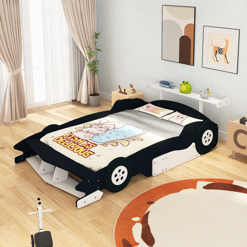 Lit plateforme pleine grandeur en forme de voiture de course avec roulettes, Double, Noir