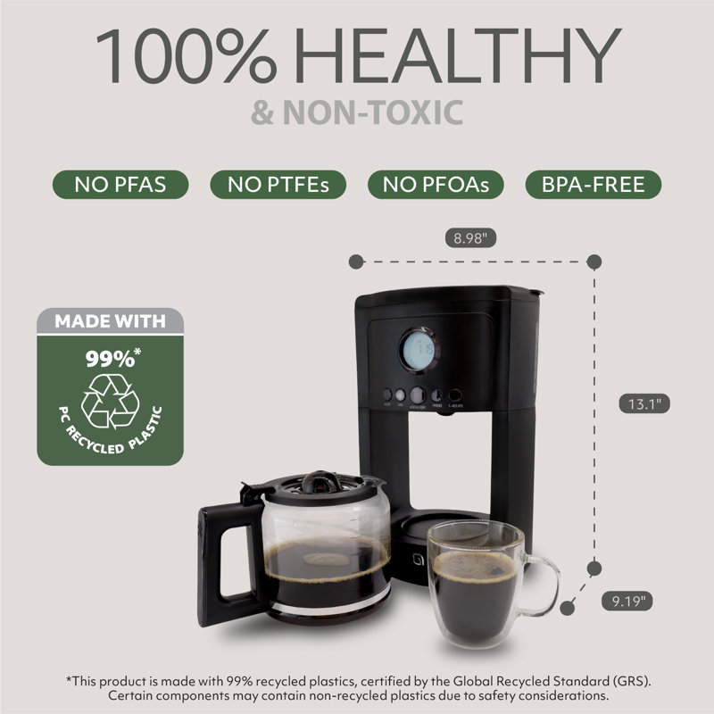 Cafetière de 12 tasses Willow - Options de brassage programmables avec minuterie, beau design, pot en verre - NOIR, Noir