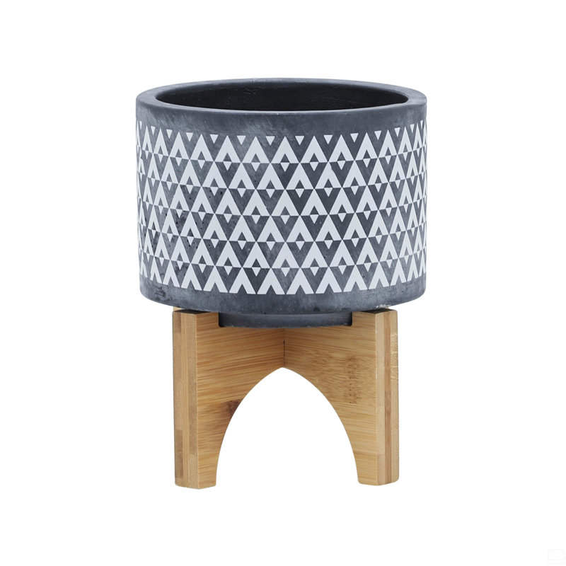 CERAMIC AZTEC PLANTER ON WOODEN STAND, GRAY, 6" H x 5" W x 5" D