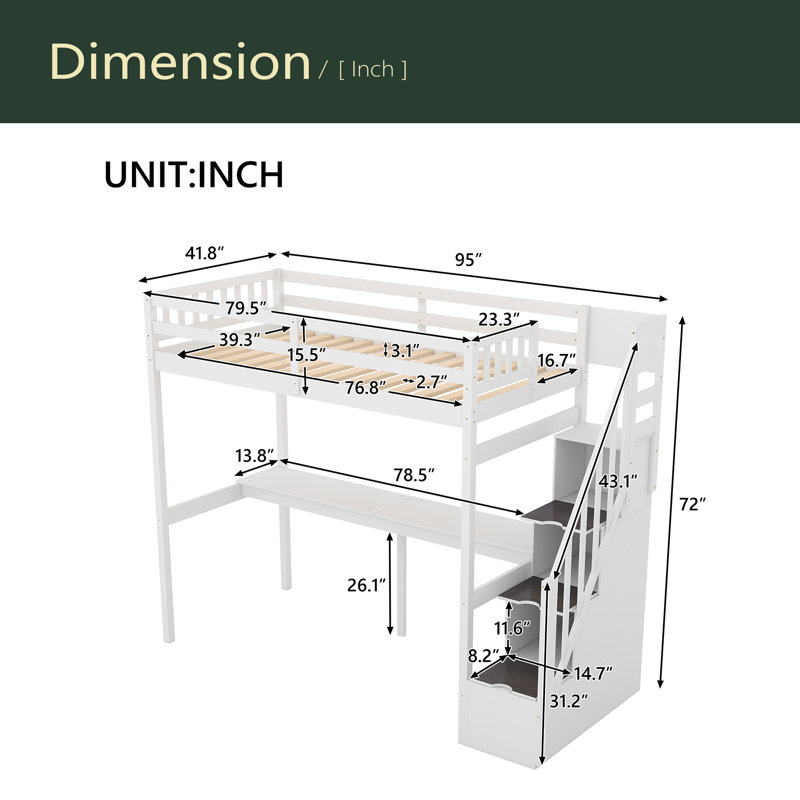 Lit mezzanine simple avec escalier de rangement et bureau intégré