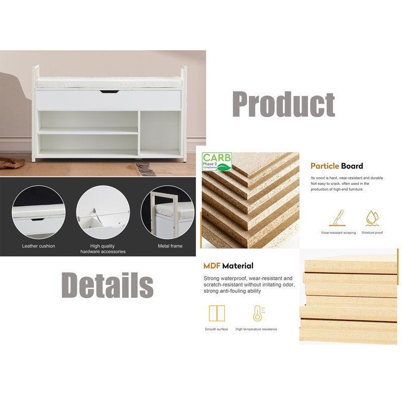 39"shoe Storage Bench With Cushion, White