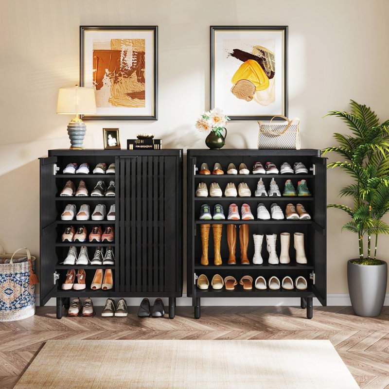 Armoire à chaussures 33,46 po en bois à 6 niveaux avec portes à persiennes, Noir