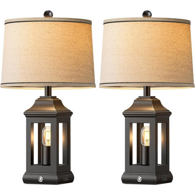 Ensemble de 2 lampes de table rustiques campagnardes, lampes de chevet à intensité variable avec ports USB A + C, deux sources de lumière, lampes de chevet rétro pour chambre à coucher, salon et bureau, noir mat